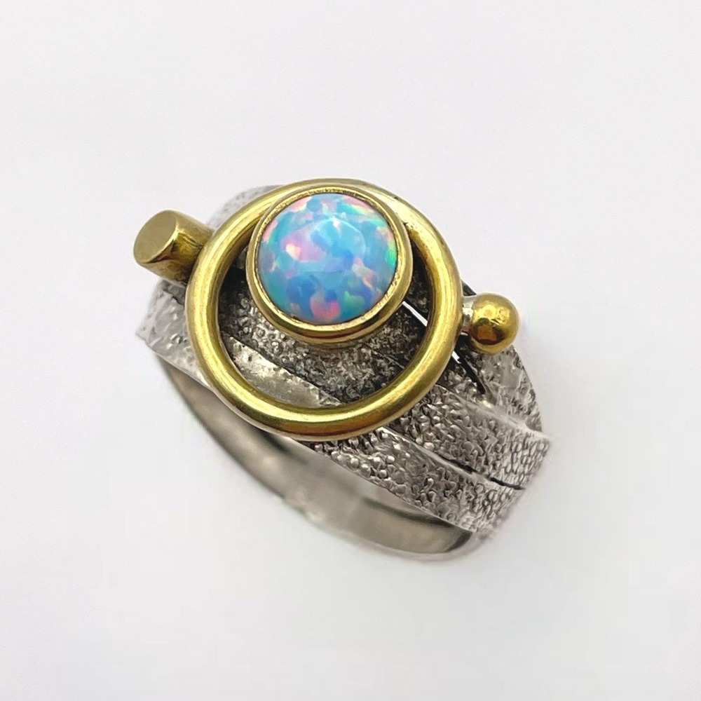 Artisan Rustic White Opal Sterling Silver Brass Ring Textured Band 8.25 US